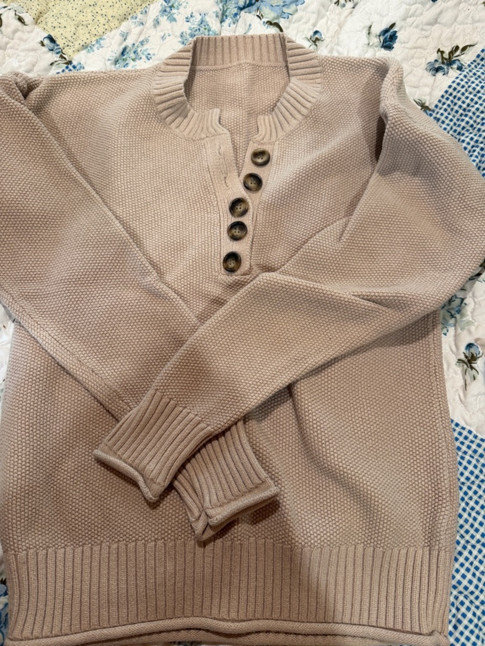 Amazon Women's Taupe Button-Front Knit Turtleneck Pullover